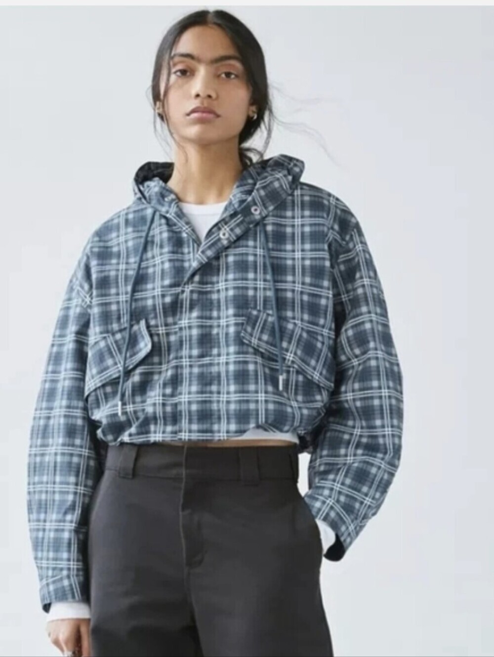 Urban Outfitters BDG Plaid Cropped Hooded Anorak Gorpcore Windbreaker S